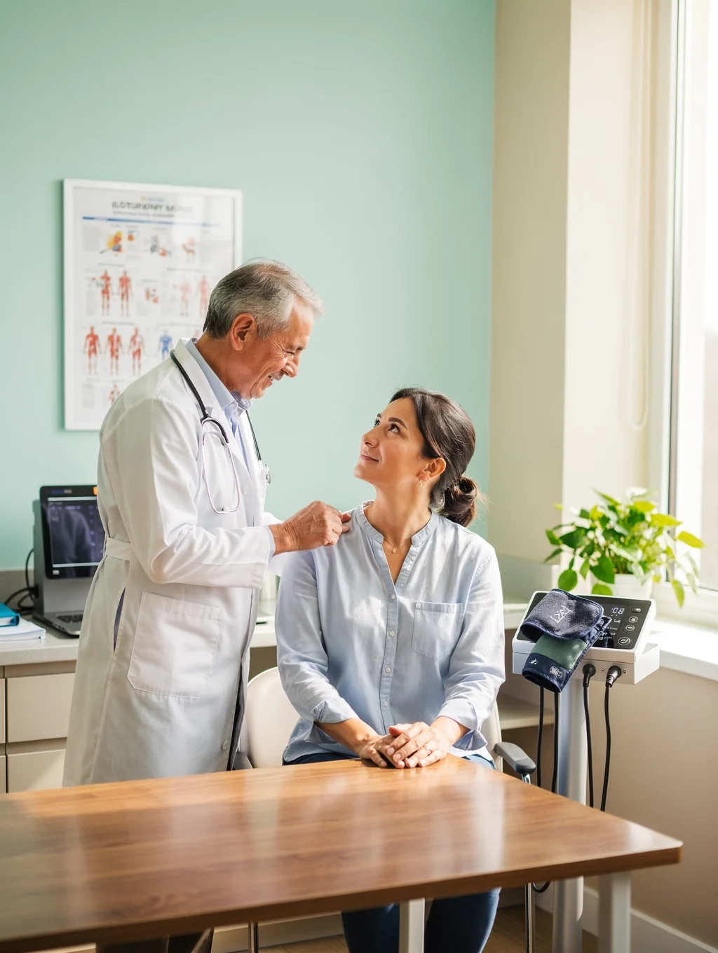 A professional medical consultation in a warm, welcoming office setting at Carestar Medicine