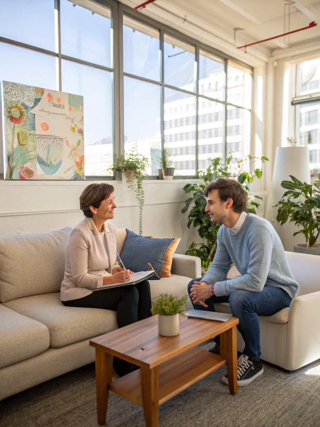 Patient engaged in a wellness coaching session in a calm, sunlit room